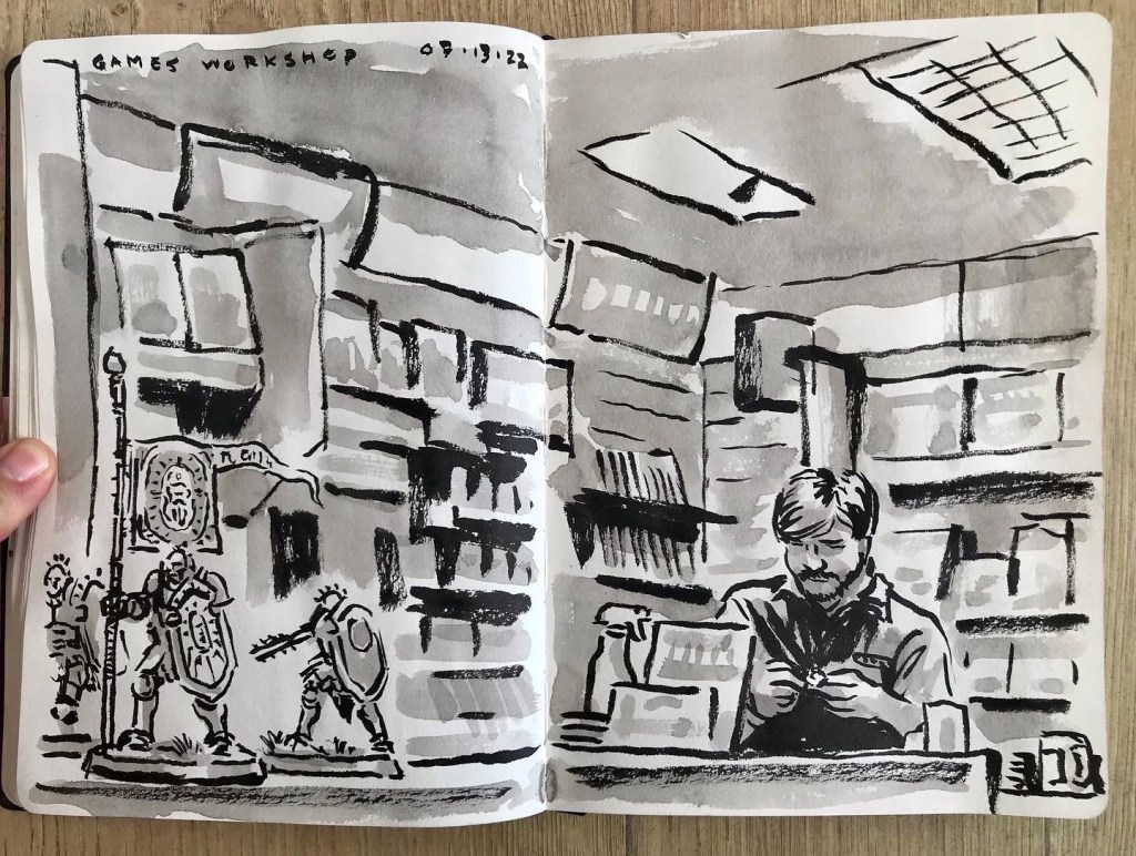Warhammer Shop, Cambridge, UK, brush pen and ink wash