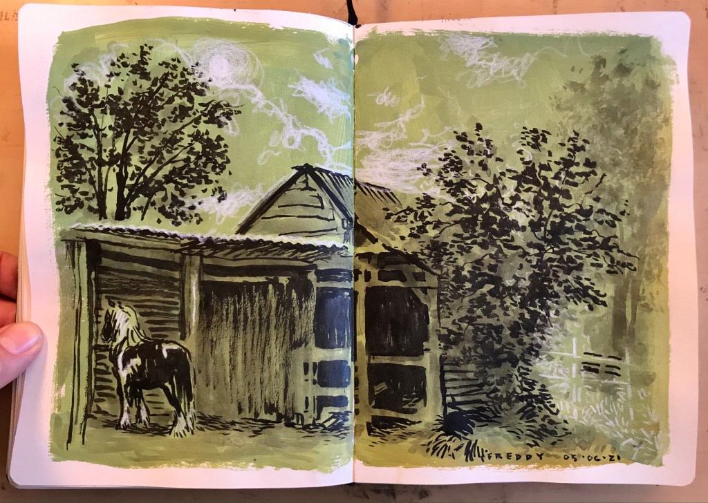 Landbeach, UK, ink and white china marker on acrylic ground