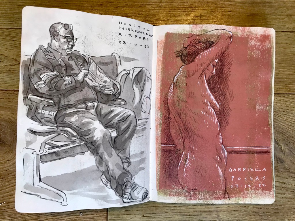 Houston, TX and Cambridge, UK. Ink and wash and pencil and white gel pen on acrylic ground